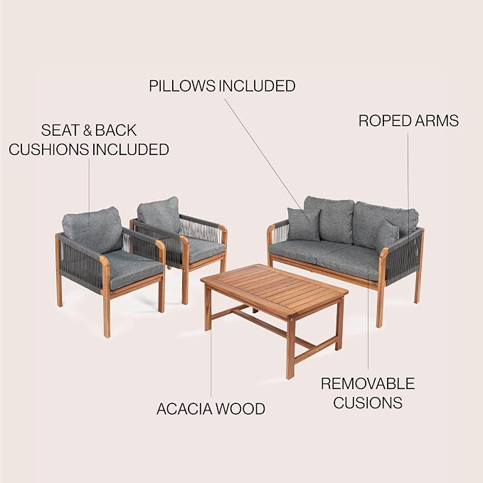 JONATHAN Y Tavira Coastal 4-Piece Teak Brown Acacia Wood Outdoor Patio Set, Woven Rope Conversation Furniture with Coffee Table and Removable Gray Cushions for Backyard, Garden, Porch LVG1202C-4SET