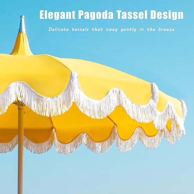 7.5ft Pagoda Patio Umbrella with Fringe, UPF50+ Tassel Umbrella with Crank & Fiberglass Ribs, Holiday Outdoor Umbrella for Garden Pool Lawn Yard Table