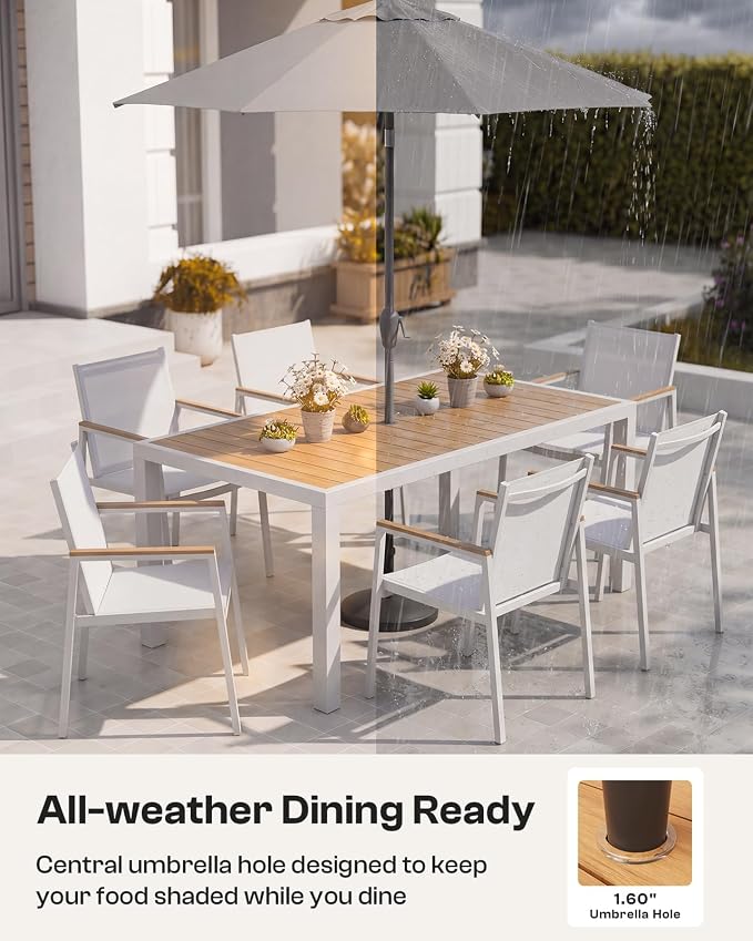 Outdoor Dining Set for 4, Aluminum Patio Table and Chairs Set, 5-Piece All Weather Patio Dining Furniture Set with Umbrella Hole for Backyard, Deck, Poolside (White-Teak)