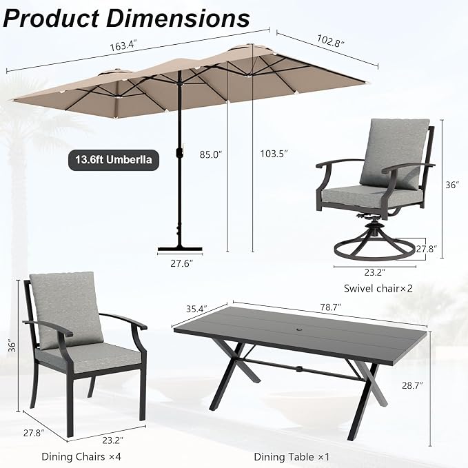 8 Pieces Patio Dining Set with Brown Umbrella,Outdoor Furniture Set Includes Hole Cut-Out Table and 4 Metal Backrest Chairs and 2 Swivel Chairs for Backyard,Garden,Poolside,Brown