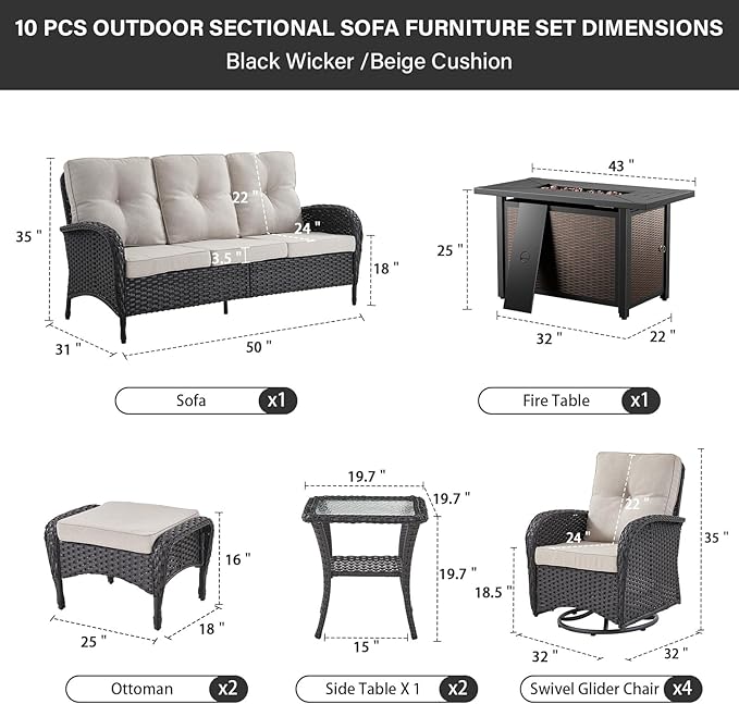Belord Expansive 10 Pieces Outdoor Patio Furniture Set with 43” Propane Fire Pit Table, Patio Conversation Set with Swivel Rocker Outdoor Chairs Set of 4 and Sofa, Ottoman and Wicker Side Table Black