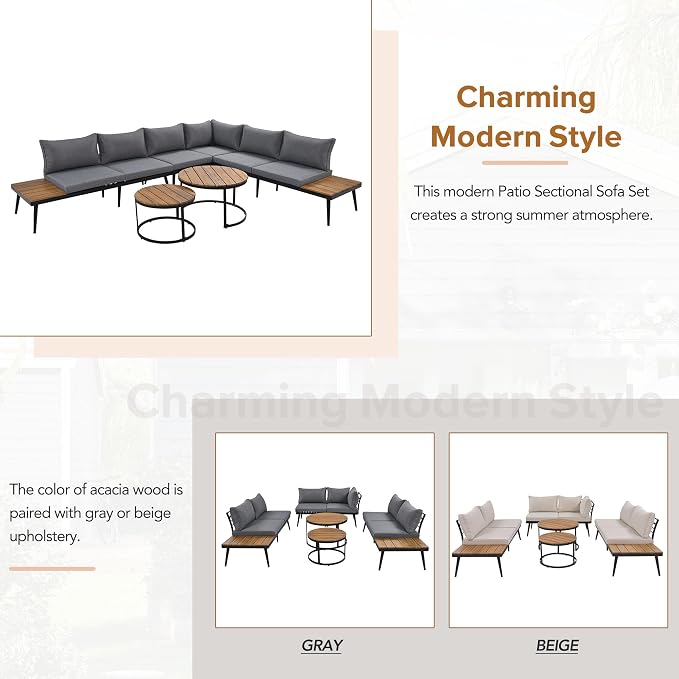 JIVOIT Outdoor Patio Sectional Sofa Set, Modern 6-Piece Conversation Set with Round Nesting Coffee Tables and Seating Sofa with Cushions for Patio, Porch and Garden (Grey * 33)