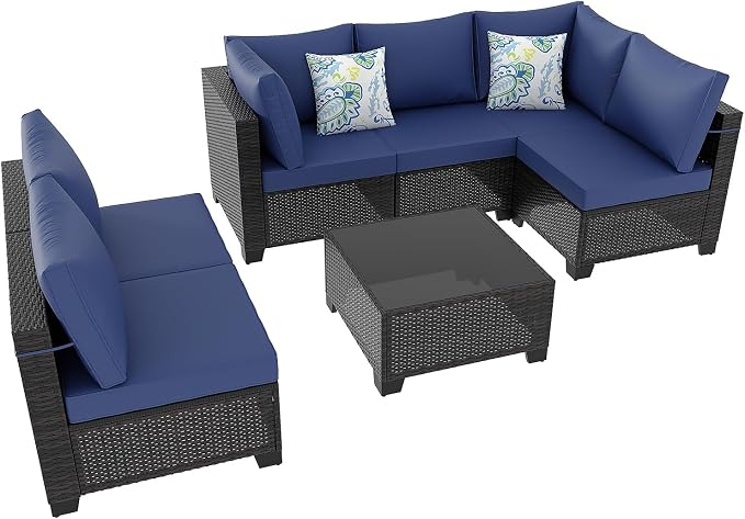 7 Pieces Patio Furniture Set, Outdoor Sectional Rattan Sofa Set, Wicker Patio Conversation Set with Cushions and Glass Coffee Table, for Balcony, Porch, Garden, (Brown/Blue)