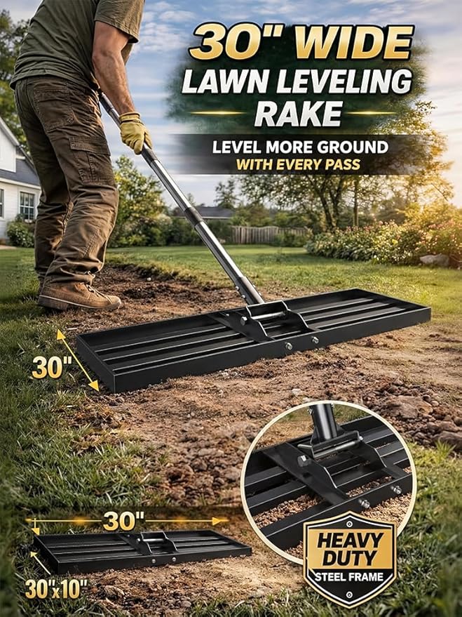 30x10 inch x 72" Lawn Leveler Rake, Effort-Saving Tool with Stainless Steel Handle for Golf Courses, Lawns & Gardens, Professional Landscape and Yard Leveling Tool