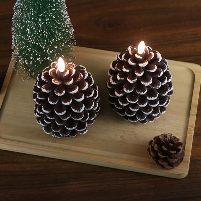 DRomance Flameless Pinecone Candles Battery Operated with 6 Hour Timer Set of 2 Real Brown Wax 3D Wick LED Flickering Pillar Candles Christmas Holiday Decor(White, 3.5 x 6 Inch)