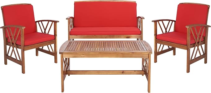 SAFAVIEH Outdoor Collection Fontana Natural/Red Cushion 4-Piece Conversation Patio Set