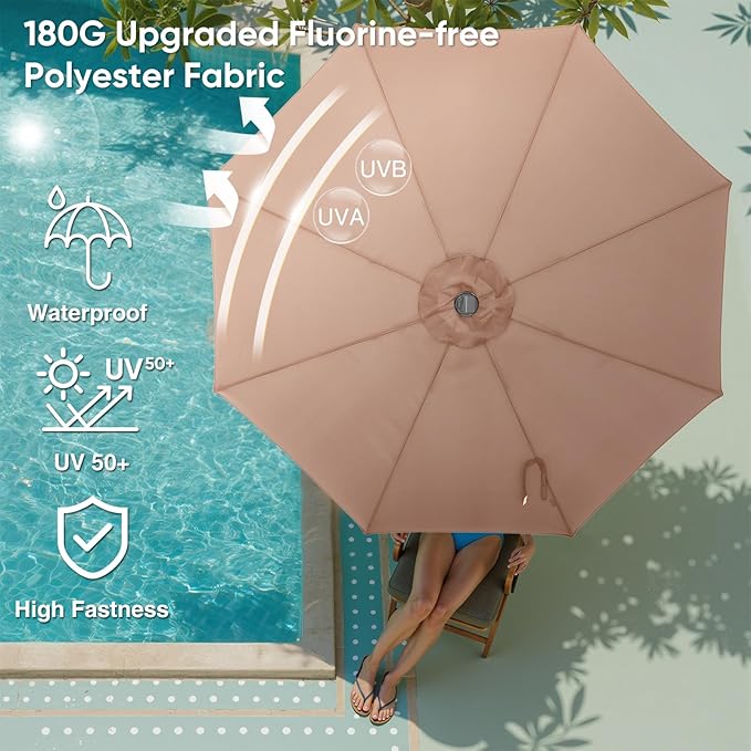 DUMOS LED Outdoor Patio Umbrella 10 FT UV-Resistant Market Umbrella with Tilt Adjustment & Crank Lift, All-Weather Shade for Backyard, Deck, Garden, Beach