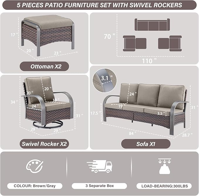 Belord 5-Piece Outdoor Patio Furniture Set All-Weather Wicker Couch with Swivel Rocker Outdoor Chairs and Multi-Functional Ottomans, Patio Conversation Set for Backyard Garden Balcony