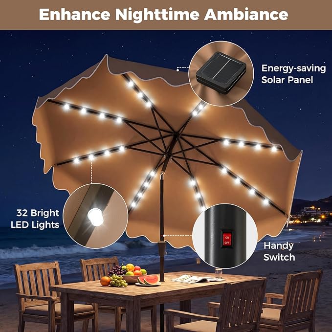 Tangkula 10 FT Solar Patio Umbrella with Base Included, 2-Tiers Outdoor Scalloped Table Umbrella with 32 LED Lights, 2 Sandbags, Tilt Adjustment, Crank, 8 Ribs for Market Backyard Pool Deck Beach Lawn (Coffee, 10 FT)