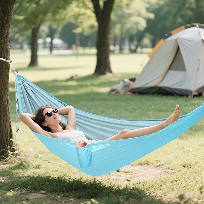 Sky Blue Solid Color Camping Hammock, Portable Lightweight Single Hammock with Tree Straps and Aluminum Carabiners, 114" x 54" Travel Hammock for Hiking Backpacking Beach