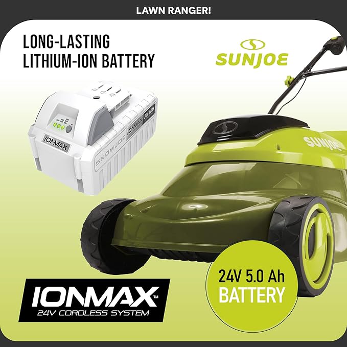 Sun Joe MJ24C-14-XR 24V IONMAX Walk-Behind Lawn Mower with 600W Motor, 14-Inch Mowing Width, Includes Collection Bag, Battery, and Charger