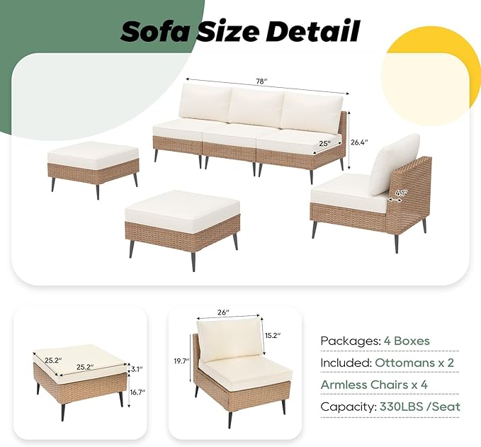 LVUYOYO 6 Pieces Outdoor Patio Furniture Set, Wicker Sectional Sofa Couch, Rattan Conversation Sets with Cushions for Deck, Backyard, Porch (Khaki)