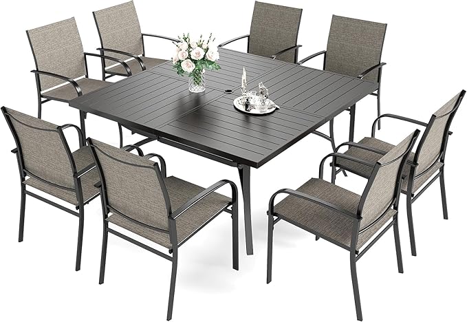 HERA'S HOUSE 9 Pieces Patio Dining Set, Outdoor Table and Chairs Set for 8, 8 x Brown Textilene Dining Chair and 60" Square Metal Dining Table, Outdoor Dining Sets for Lawn Garden Backyard Deck