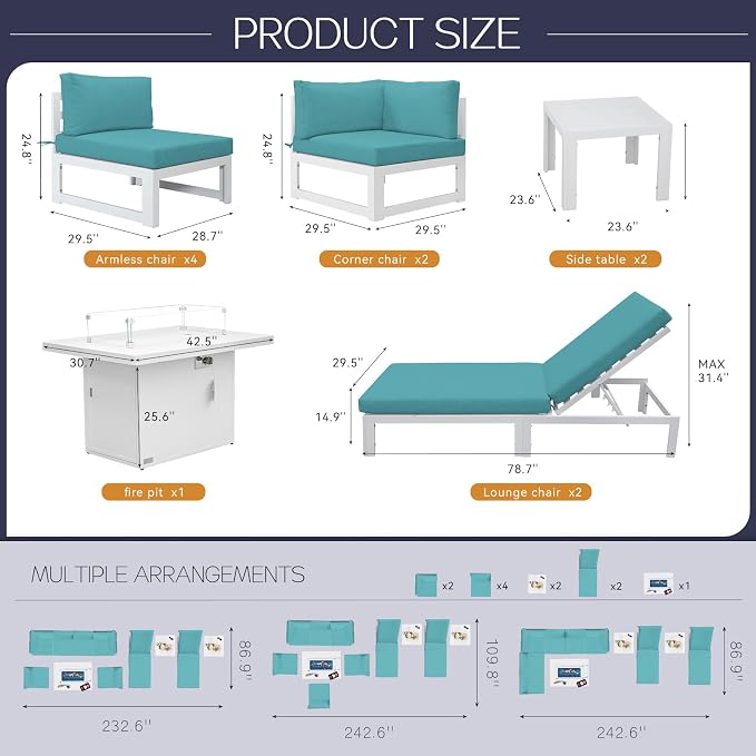 BULEXYARD 11 Piece Large Modern Aluminum Outdoor Sofa with Lounge Chair & Fire Pit Table, 500 lbs Durable Sectional Set for Heavy People, All Weather Comfy Patio Furniture Set for Backyard, Turquoise