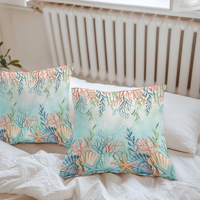 Throw Pillow Covers 24x24 Inch Set of 2, Ocean Starfish Seaweed Waterproof Outdoor Pillow Covers, Summer Coastal Beach Shell Coral Teal Decorative Cushion Pillowcases for Couch, Sofa, Bed, Patio