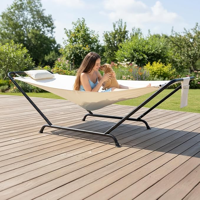 Double Hammock with Stand, Heavy Duty Outdoor Hammock, 550 LBS Capacity, Stable Steel Frame Hammocks with Soft Pillow and Side Storage Pocket for Patio, Garden, Backyard & Beach