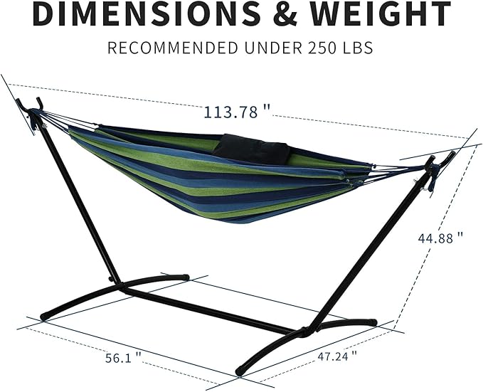 Double Cotton Hammock with Space Saving Adjustable Steel Stand, 550lbs Capacity Accommodates 2 People Portable Hammock and Frame, Camping Indoor Outdoor Use, Oasis Stripe