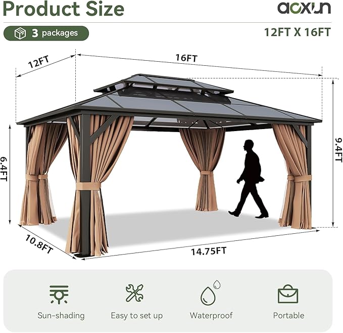 Aoxun 12'x16' Hardtop Gazebo, Outdoor Metal Gazebo with Double Polycarbonate Roof Canopy, Permanent Pavilion with Netting and Curtains for Lawn, Garden, Patio (Brown)