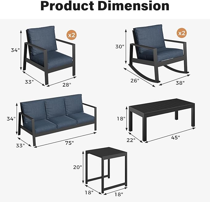Solaste Aluminum Outdoor Furniture Set, 7 Seats Water-Resistant Patio Conversation Furniture Set, Metal Patio Sofa Set with Coffee Table for Backyard Poolside Garden, Blue