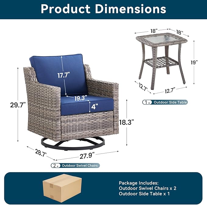3 Pieces Patio Furniture Set-High Back Swivel Patio Chairs Set of 2 with Outdoor Side Table Patio Table and Chairs Set for Porch Deck Balcony Garden Grey/Blue