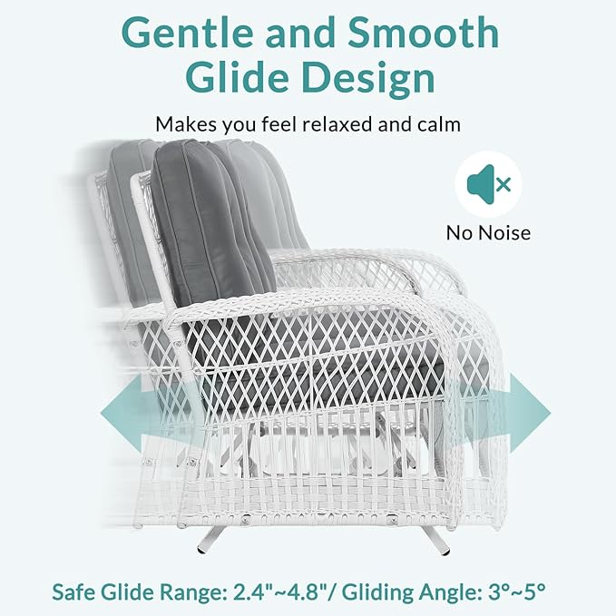 MEETWARM Outdoor Wicker Patio Glider Set, Loveseat for 2 Person Porch Furniture Glider with Glass-Top Coffee Table, Patio Glider Rocking Bench with Thickened Cushions, White Wicker/Grey