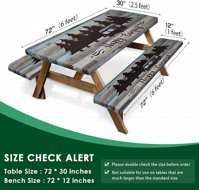 Picnic Table Cover with Bench Covers Elastic Edges, Blue Camper Fitted Table Cover, Outdoor Patio Camping Essentials 72 Inch 3PCS, Waterproof Camping Fitted Tablecloth with Drawstring Bag