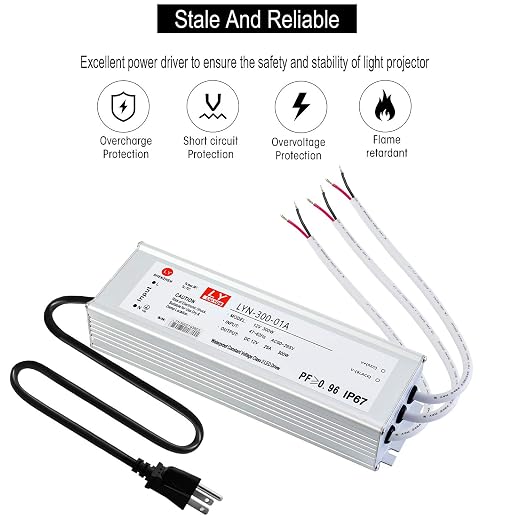 LED Driver 300 Watts (100W X3) 25A Waterproof IP67 Power Transformer Adapter 90-265V AC to 12V DC Low Voltage Output, with 3-pin Plug 3.3 ft LED Cable for LED Lighting Outdoor Light and Any 12V DC