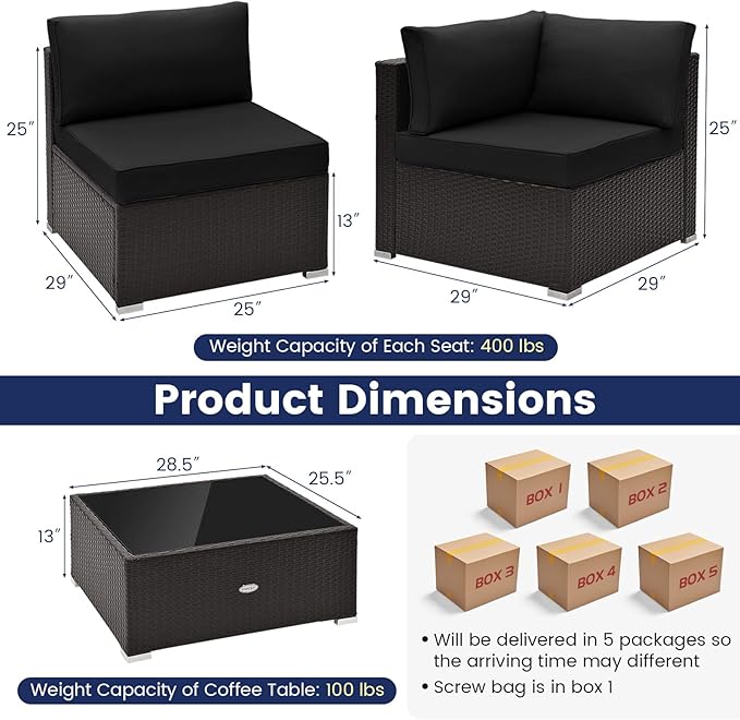 Tangkula 10 Piece Patio Sofa Set, Patiojoy Outdoor Wicker Conversation Set with Seat & Back Cushions, Tempered Glass Tabletop, Sofa Fastener Clips Included, Rattan Furniture Set for Backyard, Poolside