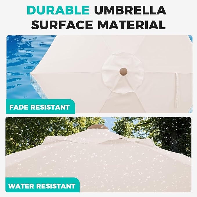 7.5ft Fringe Umbrella,Outdoor Market Umbrella with Push Button Tilt and Crack for Garden, Pool, Deck, Bistro, Beige