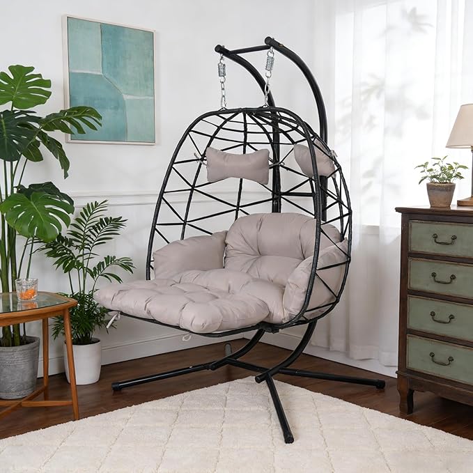 Double Egg Hammock Chair with Stand, Swing Egg Chair, Wicker Hanging Chair with Washable Cushion - Sturdy Metal Stand, 600lbs Capacity for Indoor Outdoor Patio Living Room Etc (Black+Light Gray)