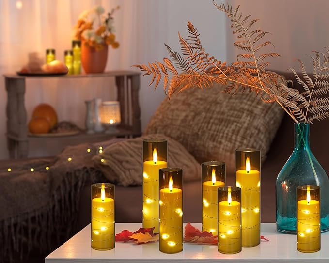 Enido Flameless LED Candles with Remote & Timer, Battery Operated Acrylic Pillar Set, 10 Pc Flickering Electric Lights with Embedded Star String for Cozy Home & Holiday Romantic Decor (Matte Grey)