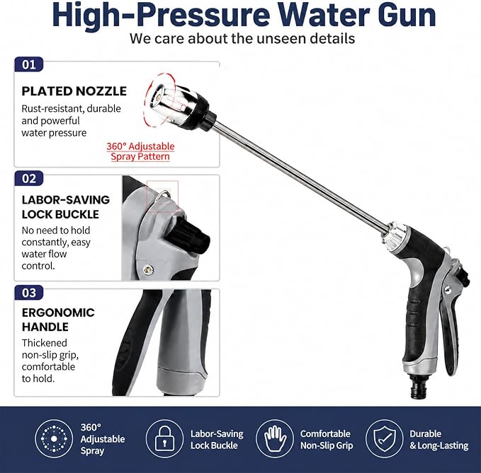Pressure Washer Nozzle, Long Metal Extension Pole, Ergonomic Non-Slip Handle, Universal Quick Connect, for Aquoxis Watering Plants & Outdoor Cleaning, Black