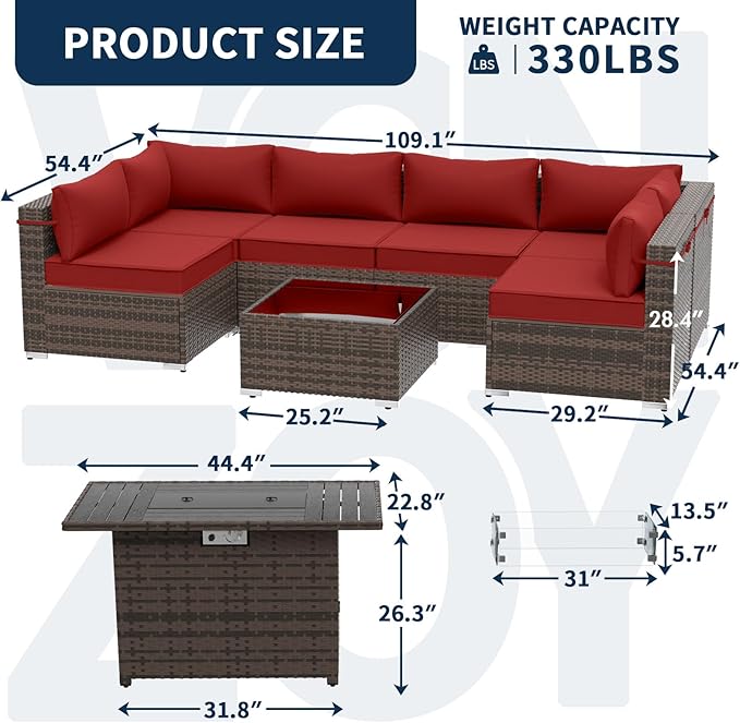 8 Piece Patio Furniture Set with 43" Fire Pit Table, Outdoor Sectional Sofa Set Heavy Duty Wicker Furniture Set with 2 Waterproof Covers