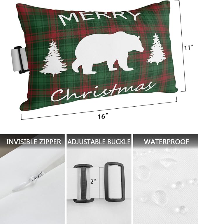 Outdoor Pillows Covers with Inserts Merry Christmas Bear and Tree Red Green Buffalo Plaid Waterproof Pillow with Adjustable Strap Throw Pillows for Patio Furniture Recliner Lounge Chair, 11"x16", 1PCS