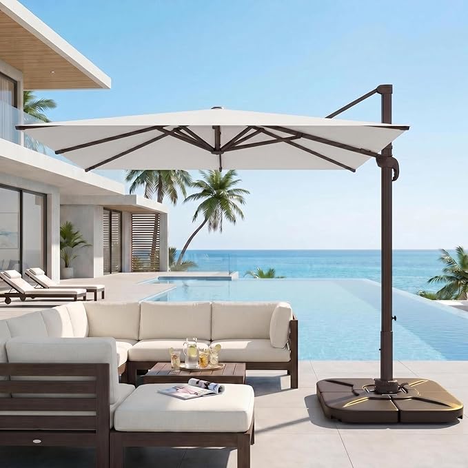 Kingdura 9' X 9' Cantilever Patio Umbrella with Base Included, Large Square Outdoor Offset Umbrella with 360-degree Rotation, 4 Position Tilt, UV Protection for Pool Deck Garden Patio (Cream white)