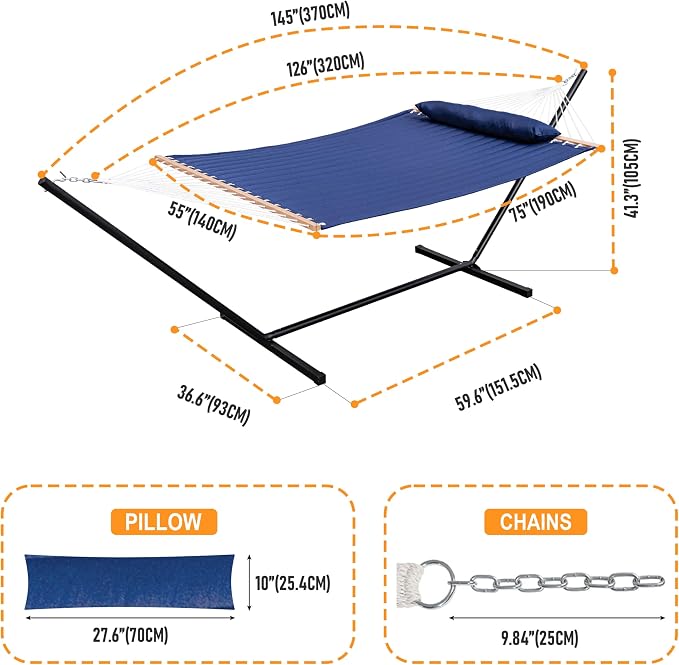 Lazy Daze Quilted Fabric Hammock with 12-Foot Stand, Double 2-Person Hammock with Pillow for Outdoor Outside Patio, Garden, Backyard, 450LB Capacity, Navy Blue