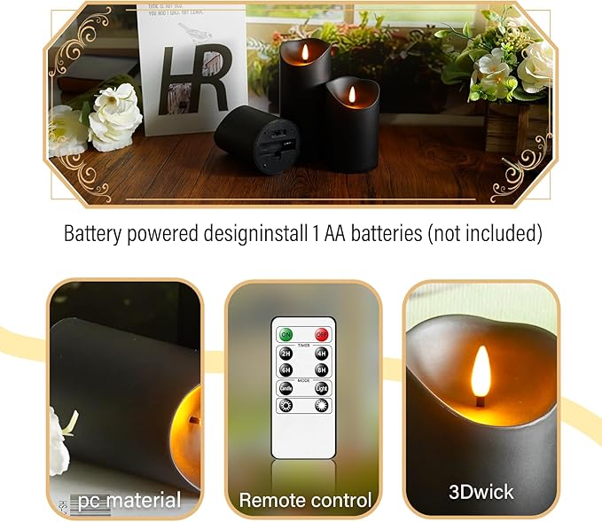 Eebuss Flameless Candles with Remote Timer, Battery Operated Realistic Flickering LED Candles, 9 Packs Fake Candles for Home Decor (D3 x H 3" 4" 5" 6" 7") (Black)