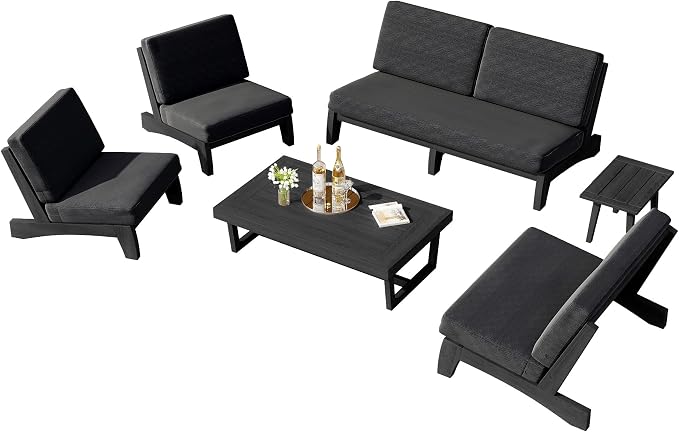 6 Piece Teak Outdoor Patio Frutnire Set, 7 Seater Patio Conversation Sets with Thick Cushions, Outdoor Sectional Furniture with Coffee Table - Dark Gray