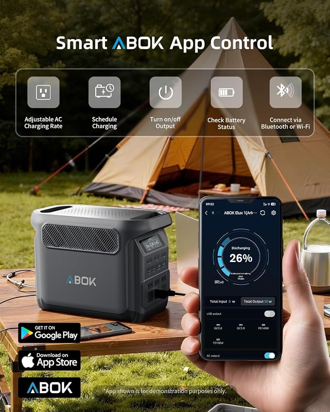 ABOK Elux1 1024Wh Portable Power Station with Asp400 400W Solar Panel, LiFePO4 Battery, 1800W AC Output, PD140W/100W, UPS, Solar Generator Max 1000W Solar Input, Expandable to 5120Wh, 12 Output Ports
