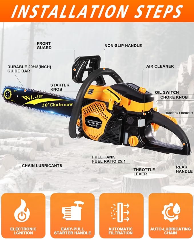 63CC Gas Powered Chainsaw 20 Inch, 2-Cycle Engine with 2 Chains & Bars, Heavy Duty Gas Chain Saw for Tree Felling, Logging, and Firewood Cutting (63CC – Yello)