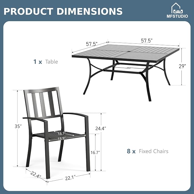 MFSTUDIO Outdoor Dining Set for 8, Patio Dining Set with Square Table, 9 Piece Patio Table and Chairs Set, Metal Outdoor Patio Furniture Set for Deck Backyard Poolside Garden