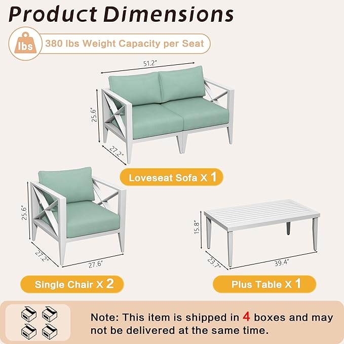 5-Piece Aluminum Patio Furniture Set, Oversized Outdoor Conversation Sofa Set with Coffee Table, White All-Weather Deep Seating, Rust-Proof Frame for Backyard, Deck, Porch, or Balcony