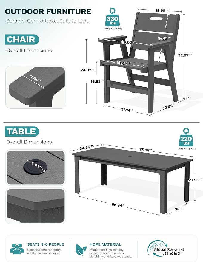 SERWALL 7 Piece HDPE Patio Dining Set, 76 Inch Outdoor Dining Table with 6 Chairs, All Weather Resistant Heavy Duty Outdoor Furniture with Umbrella Hole for Garden Backyard Deck, Gray