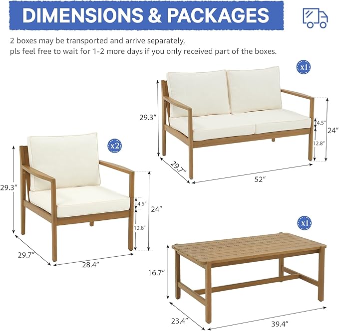 SUNSITT 4 Piece Acacia Wood Patio Furniture Set, Outdoor Conversation Sofa Set with Coffee Table & Cushions for Garden, Backyard, Cream White
