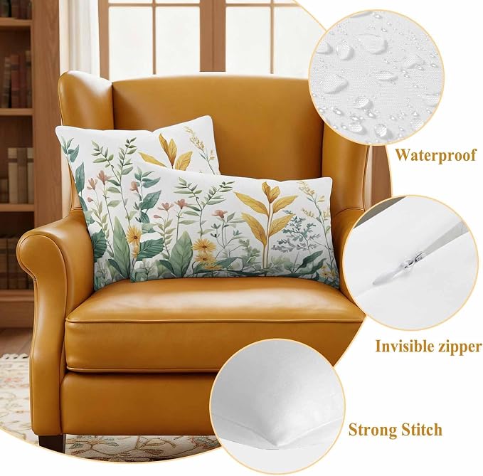 Outdoor Pillow Covers 26x26 Set of 2, Yellow Green Botanical Waterproof Patio Throw Pillow Covers for Couch Sofa Chair, Rustic Watercolor Leaves Decorative Pillowcases for Throw Pillows