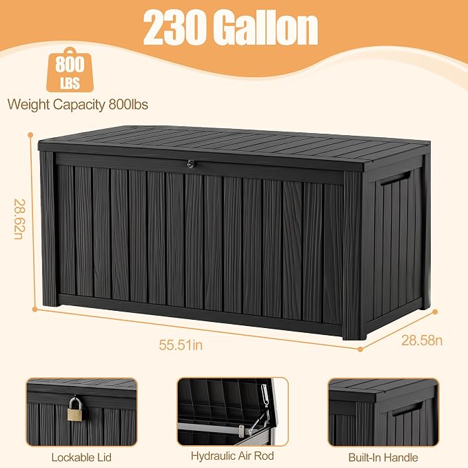 230 Gallon Outdoor Storage Box, Large Resin Deck Box, Waterproof Lockable Storage Container Bins, Reinforced Stability for Patio, Garden and Poolside, Black