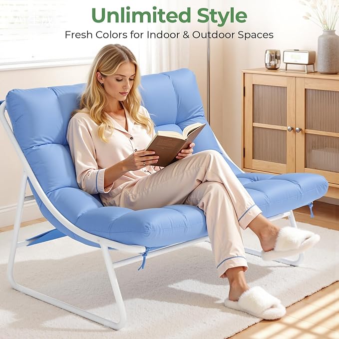 Patio Furniture Set, 4-Piece Outdoor Patio Conversation Set with Cushions & Glass Coffee Table, 2-in-1 Metal Patio Sofa Sets for Backyard, Garden, Porch, Poolside, White & Blue