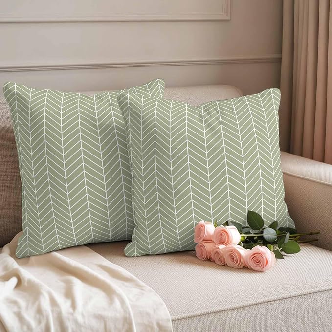 Outdoor Waterproof Throw Pillow Covers Set of 2 Sage Green Chevron Stripes Pillowcases 26x26 Inches Modern Geometric Texture Decorative Pillows Cushion Case Patio Pillows for Couch Bed Chair Garden
