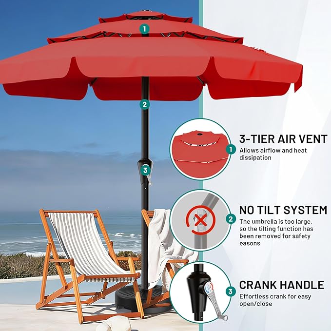 AreShark 11FT 3-Tiers Patio Umbrella with Valance, Outdoor with Crank, Large Outdoor Market Umbrellas Vented with 8 Sturdy Ribs, Patio Table Umbrellas for Garden, Deck, Backyard, Pool, Red