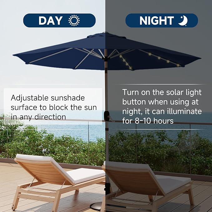 9FT Aluminum Patio Umbrella with 40-LED Solar Lighted, Fade-Resistant Outdoor Market Table Umbrella with Push Button Tilt Function, 8 Sturdy All-Aluminum Ribs for Gardens, Decks, Backyards & Pools